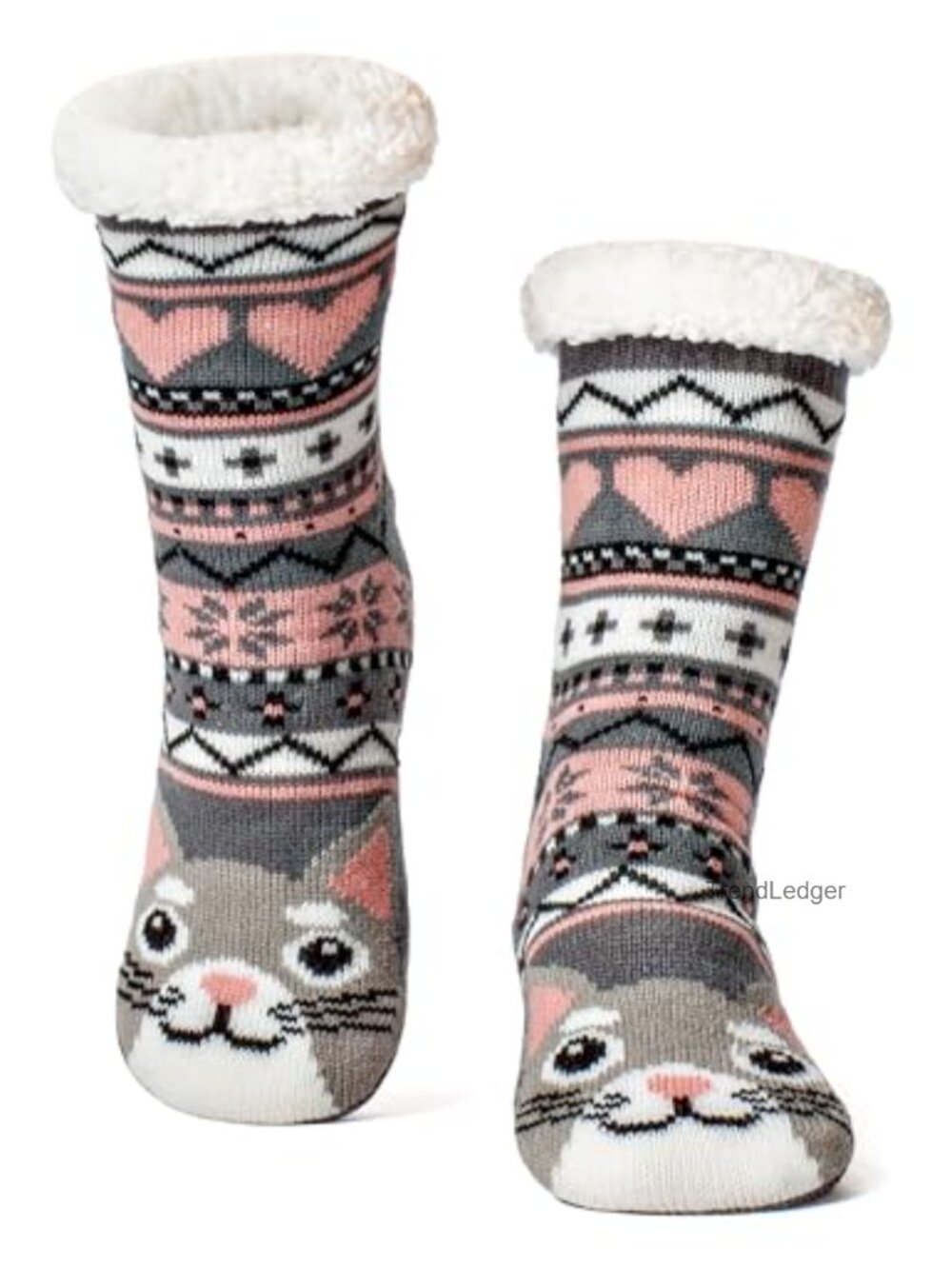 Fuzzy Sherpa Lined Slipper Socks Non-Slip Grips Cat Cozy Indoor